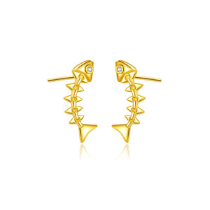 925 Silver Gold Fish Bone CZ Earrings-MME911