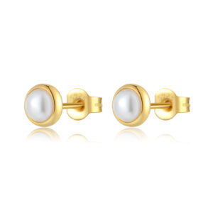 925 Silver Gold Bezel-Set Pearl Stud Earrings -MME860