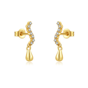 925 Silver (Line-Set Stone & Teardrop Charm, Minimalist)Gold Huggie Earrings MME831