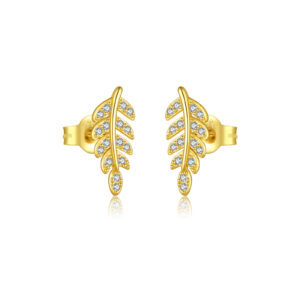 925 Silver Gold Stone-Set Feather Minimalist Earrings-MME806