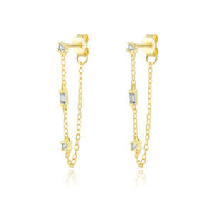 925 Silver Gold Chain CZ Charm Round & Square CZ Chain Earrings-MME800