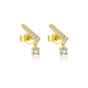 925 Silver Gold Left-Right Style Bar Row-Set Drop CZ Earrings-MME771