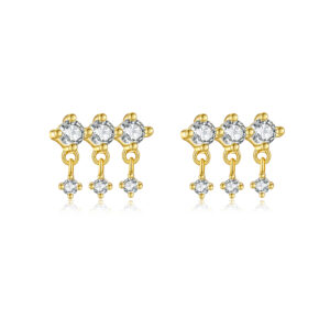 925 Silver Gold Double-Drop Row-Set CZ Earrings-MME768