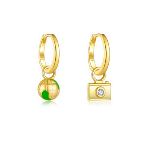 925 Silver Gold Globe & Camera Charm Huggie Earrings-MME1100