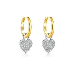 925 Silver Two-Tone Gold-Plated Huggie Earrings, Paved CZ Heart Pendan-MME1098