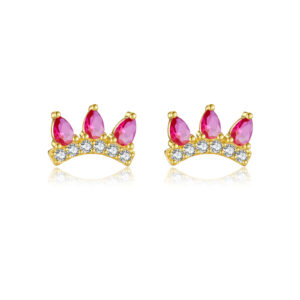 925 Silver Gold Plated Pink Zircon Crown Stud Earrings-MME1096