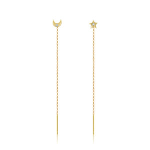 925 Silver Gold Moon-Star Chain Drop Stud Earrings-MME645
