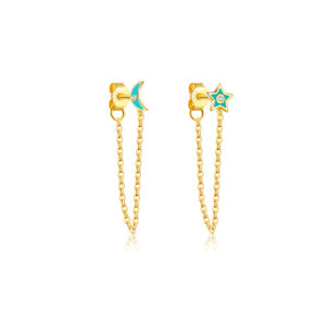 925 Silver Gold Epoxy Star-Moon Bezel Chain CZ Charm Earrings-MME593