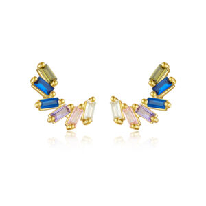 925 Silver Gold Colorful Gem Curved Asymmetric Studs-MME581