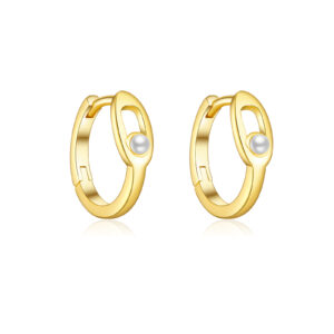 925 Silver Gold Plated Oval Pearl Huggie Earrings-MME1087