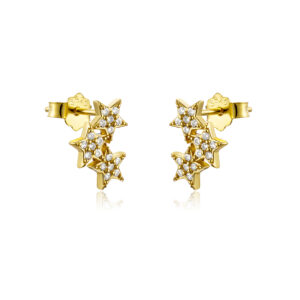 925 Silver Gold Double-Crystal Triple-Star Asymmetric Studs-MME562