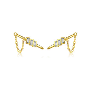 925 Silver Gold Triple-Stacked Stone Dagger Beaded Chain StudsMME532