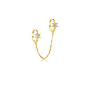 925 Silver Gold Pavé CZ Star of David Chain CZ Charm Double-Huggie Earrings-MME525