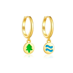 925 Silver Gold Plated Resin River/Tiny Tree Pendant Huggie Earrings-MME1084