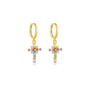 925 Silver Gold Pavé CZ Multi-Stone Cross Drop Huggies-MME508