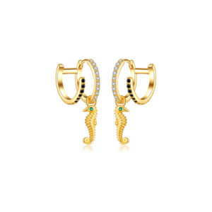 925 Silver Gold Double-Hoop CZ Seahorse Drop Huggie Earrings-MME497