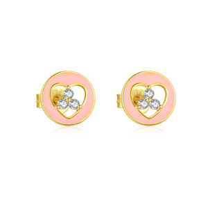 925 Silver Gold Plated Pink Resin Heart & Round Stone Earrings-MME1080