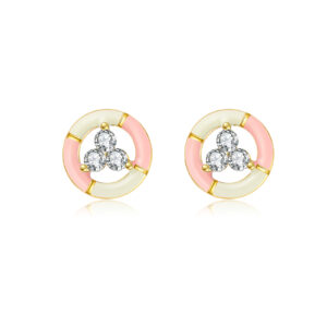 925 Silver Gold Plated Pink-White Color-block Resin Round Stone Round Earrings-MME1074