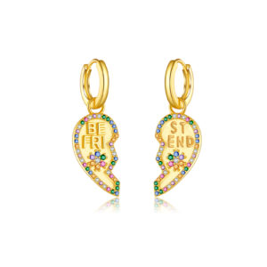 925 Silver Gold Multi-Color CZ Letter Half-Heart Dangle Huggie Earrings-MME323