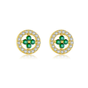 925 Silver Gold Plated Round Frame Clover-shaped Round Green Stone Stud Earrings-MME1064