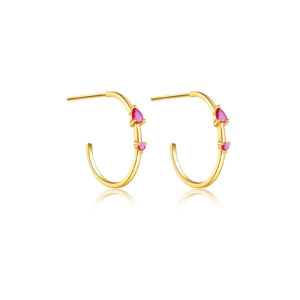 925 Silver Gold Pink CZ Heart C-Hoop Earrings-MME305