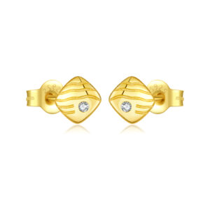 925 Silver Gold Plated Diamond-shaped Textured Round Stone Stud Earrings-MME1063