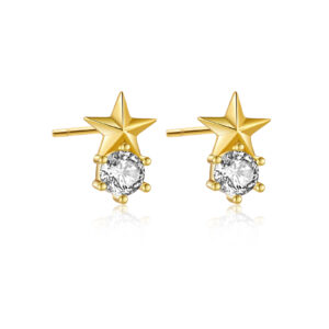 925 Silver Gold 3D Star Multi-Color CZ Stud Earrings-MME278