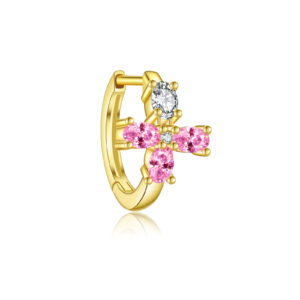 925 Silver Gold Plated  Hoop Cross-shaped Round Clear & Pink Stone Hoop Earrings-MME1058
