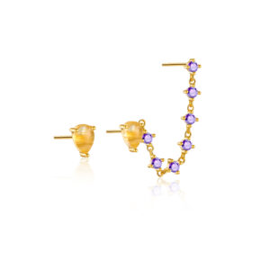 925 Silver Gold Purple CZ Bead Asymmetrical Stud Earrings-MME248