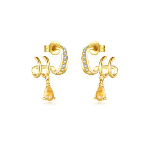 925 Silver Gold CZ Paved C-Shape Orange Pear Drop Stud Earrings-MME247
