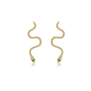 925 Silver Gold Paved CZ Snake-Shaped Stud Earrings-MME242