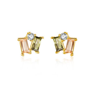925 Silver Gold Mixed Baguette CZ Geometric Stud Earrings-MME238
