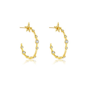 925 Silver Gold Starburst CZ Paved C-Shaped Hoop Earrings-MME218