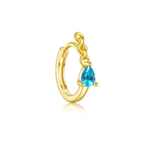 925 Silver (Teardrop Blue Zircon Chain Pendant)Plated Gold Round Hoops-MME1052