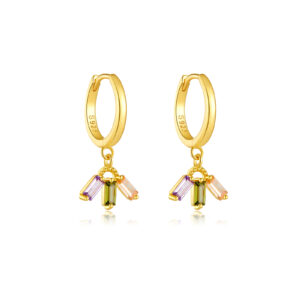 925 Silver Gold Column Multi-Color CZ Drop Huggie Earrings-MME198