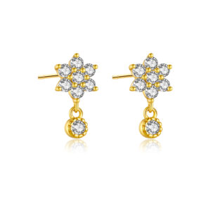 925 Silver Gold CZ Flower Drop Stud Earrings-MME137