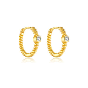 925 Silver Gold-Plated Twisted Round Bezel-Set CZ Huggie Earrings -MME136
