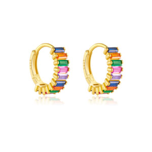 925 Silver Gold-Plated Rainbow Baguette CZ Huggie Earrings (Multiple Colors Available) -MME0118