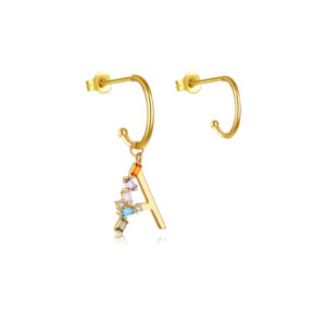 925 Silver Gold-Plated Huggies with Rainbow CZ Initial Drop -MME0108