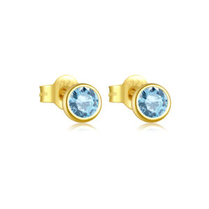 925 Silver Gold-Plated Bezel-Set Light Blue Round CZ Stud Earrings-MME1043