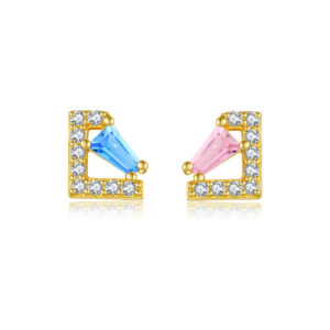 925 Silver Gold-Plated Asymmetrical Pink & Blue Baguette CZ Stud Earrings-MME1042