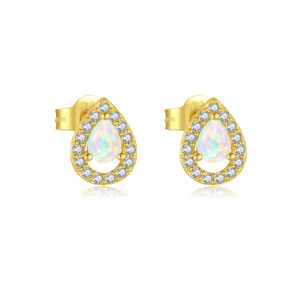 925 Silver Gold-Plated Pear Opal & CZ Halo Stud Earrings-MME1041