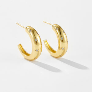 White Copper Gold Plated & Rhodium Plated C-Hoop Earrings, 17mm Star Pattern & Pave Zirconia Huggie Earrings-TTE005