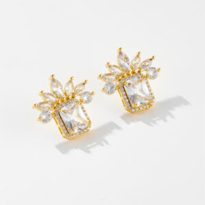 White Copper Gold Plated Floral Cluster Stud Earrings, Size 22.5*24.75mm, Princess Cut CZ Design-TTE021