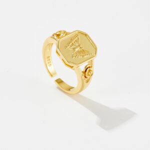 White Copper Gold Plated 3D Butterfly Pattern Open Ring with Rose Flower Band, Size 10.5mm Face-TTR012