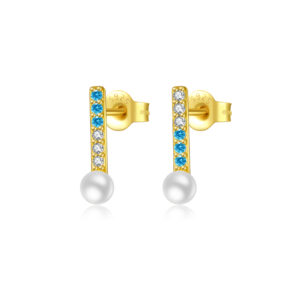 925 Silver-Gold Double Round & Square Blue CZ w/ Pearl Drop Earstuds -MME1038