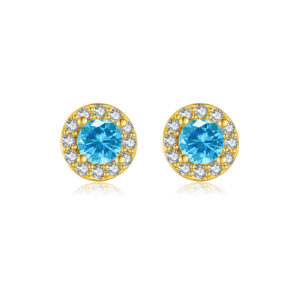 925 Silver-Plated Gold Round Blue CZ Halo Earstuds -MME1035
