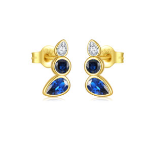 925 Silver Gold Bezel-Set Teardrop Blue-White CZ Stud Earrings-MME999