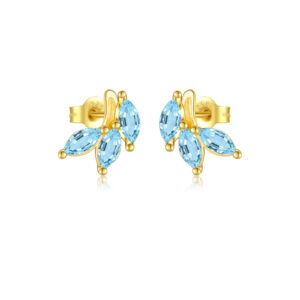 925 Silver Gold Blue CZ Leaf Stud Earrings-MME983