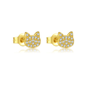925 Silver Gold CZ Paved Cat Stud Earrings-MME978